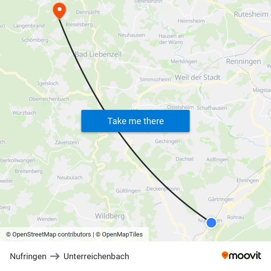 Nufringen to Unterreichenbach map