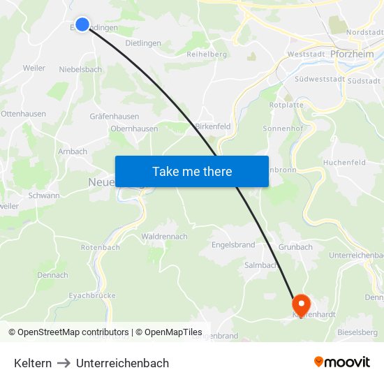 Keltern to Unterreichenbach map