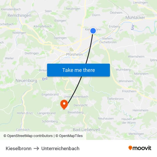 Kieselbronn to Unterreichenbach map