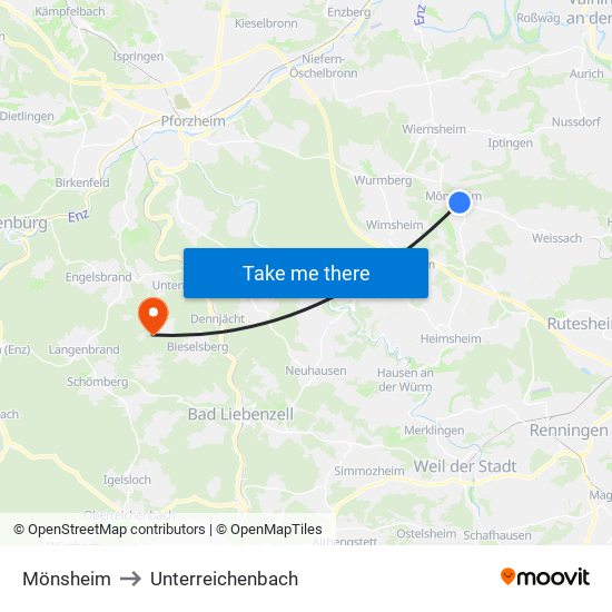 Mönsheim to Unterreichenbach map