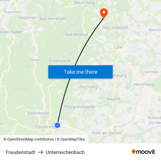 Freudenstadt to Unterreichenbach map