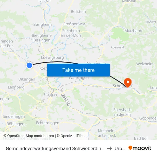 Gemeindeverwaltungsverband Schwieberdingen-Hemmingen to Urbach map
