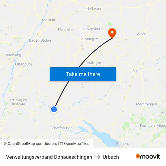 Verwaltungsverband Donaueschingen to Urbach map
