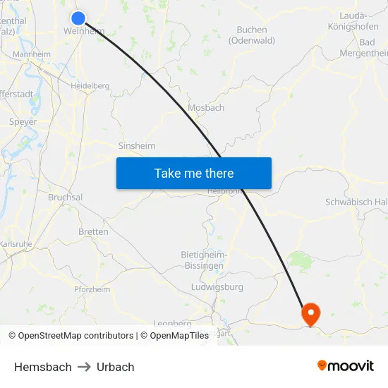 Hemsbach to Urbach map