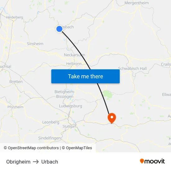 Obrigheim to Urbach map