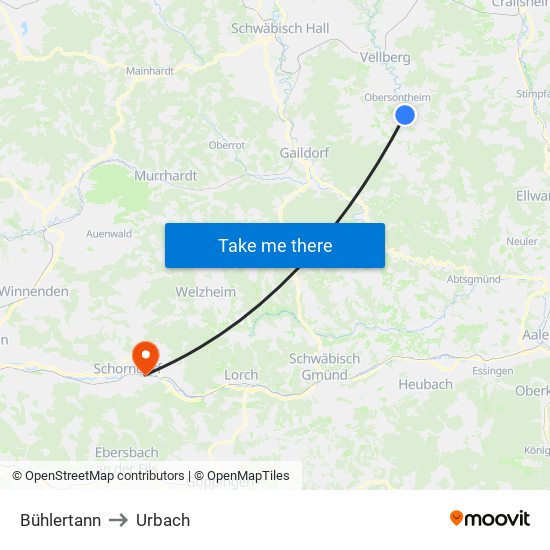 Bühlertann to Urbach map