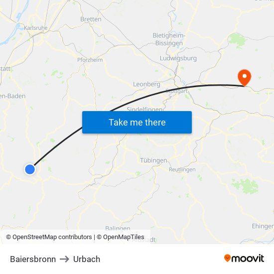 Baiersbronn to Urbach map