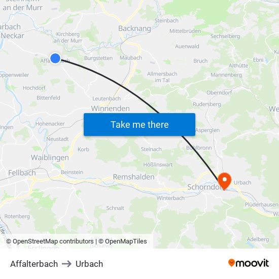 Affalterbach to Urbach map