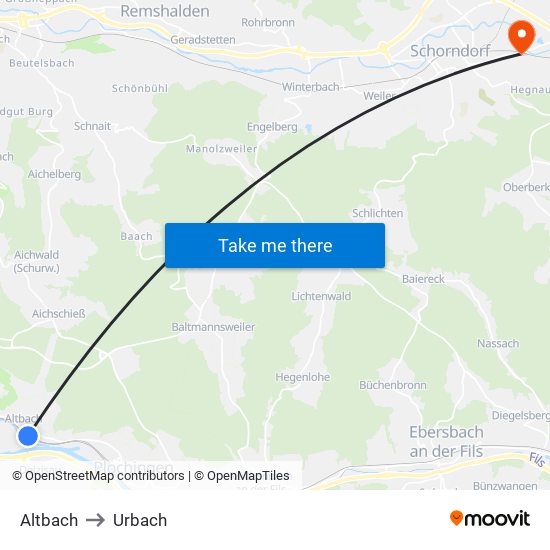 Altbach to Urbach map