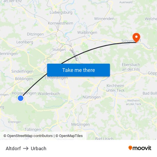 Altdorf to Urbach map