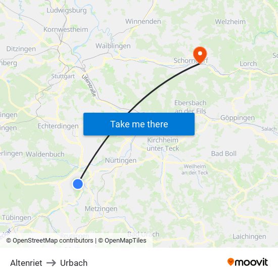 Altenriet to Urbach map