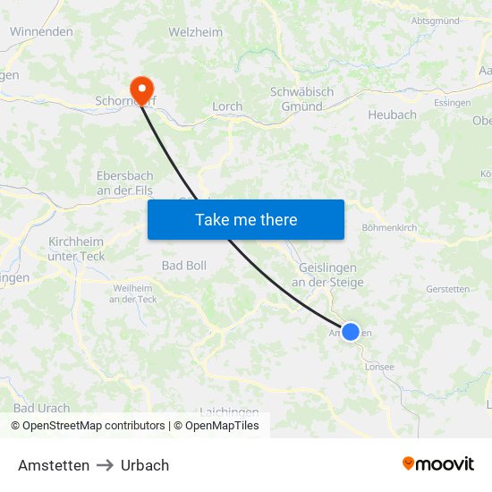 Amstetten to Urbach map