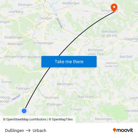 Dußlingen to Urbach map