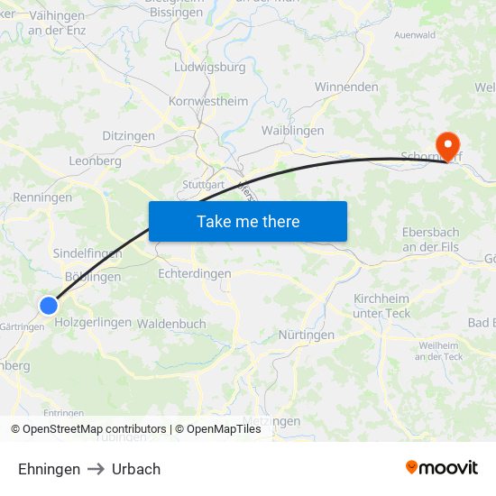Ehningen to Urbach map
