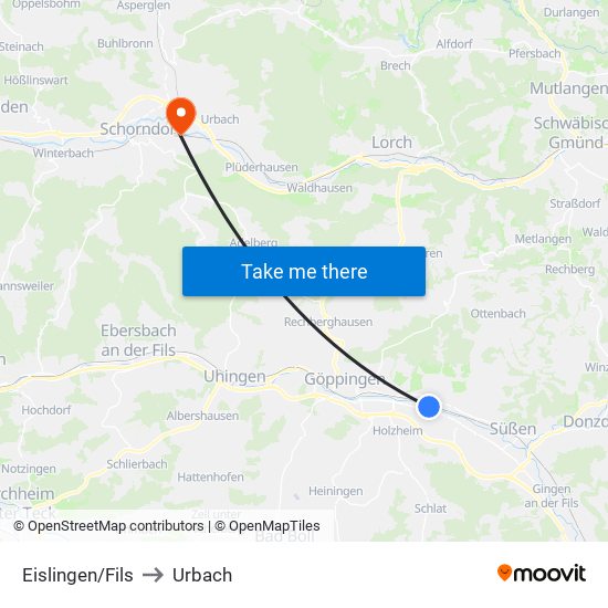 Eislingen/Fils to Urbach map