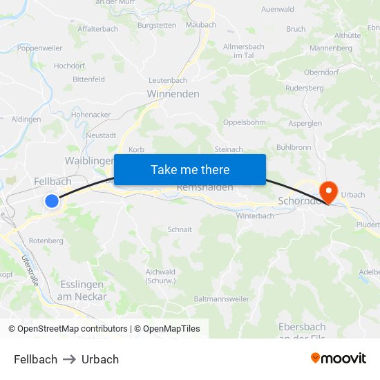 Fellbach to Urbach map