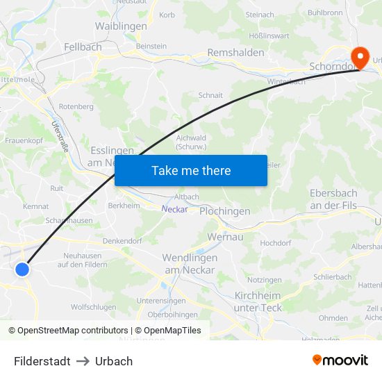 Filderstadt to Urbach map