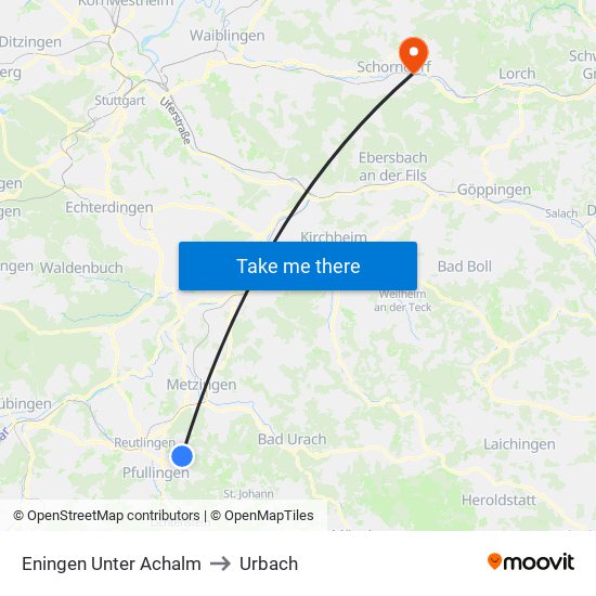 Eningen Unter Achalm to Urbach map