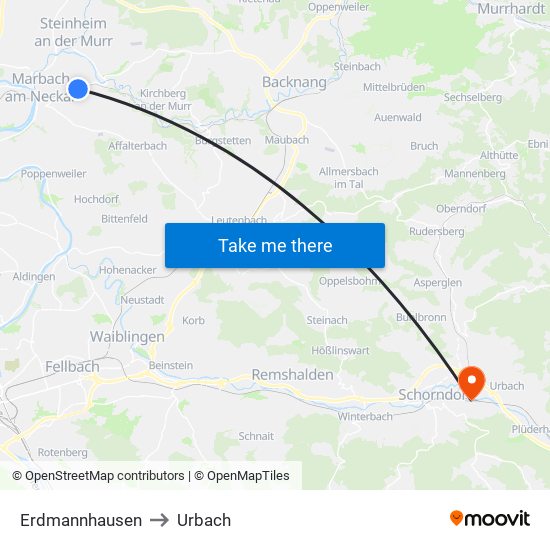 Erdmannhausen to Urbach map