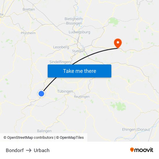 Bondorf to Urbach map