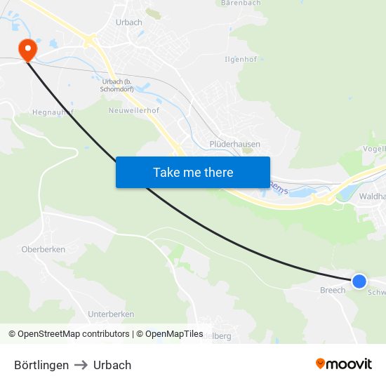 Börtlingen to Urbach map