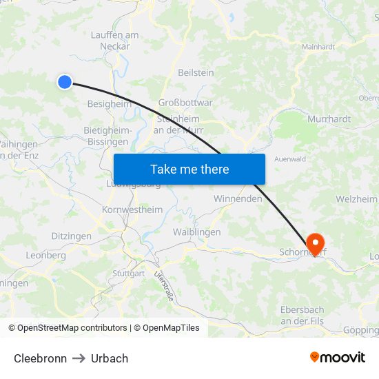 Cleebronn to Urbach map