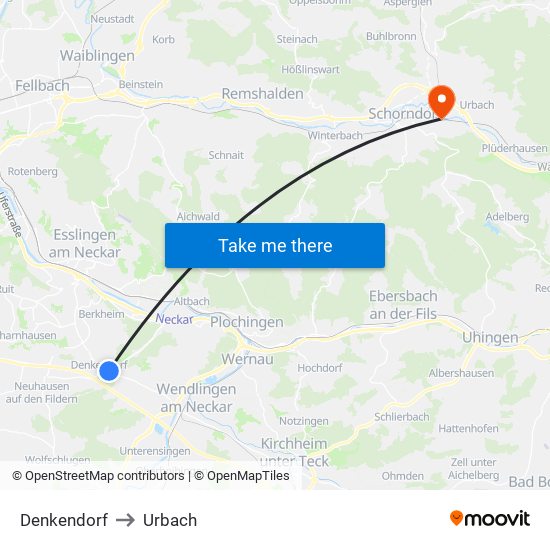 Denkendorf to Urbach map