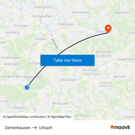 Dettenhausen to Urbach map