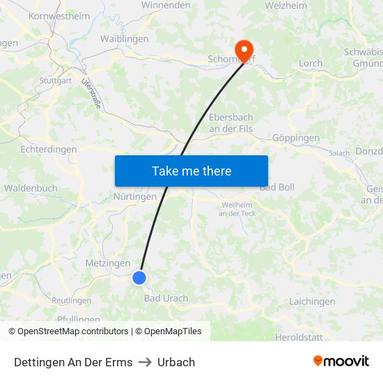 Dettingen An Der Erms to Urbach map