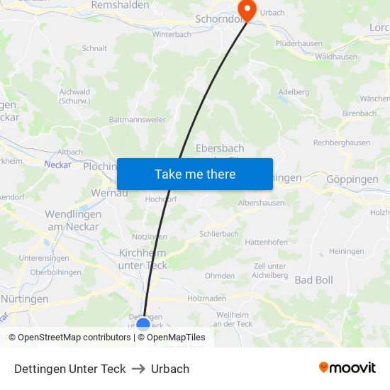 Dettingen Unter Teck to Urbach map