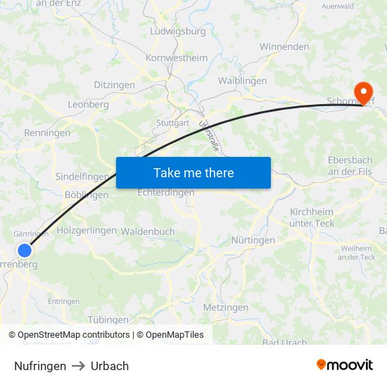 Nufringen to Urbach map