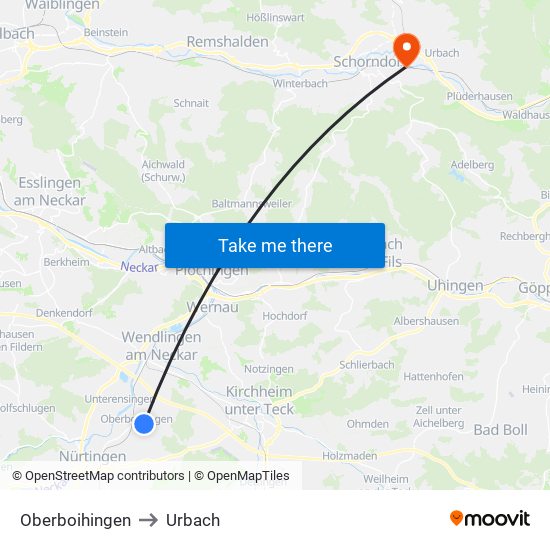 Oberboihingen to Urbach map