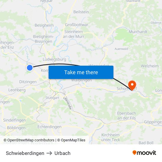 Schwieberdingen to Urbach map