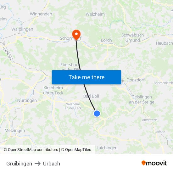 Gruibingen to Urbach map