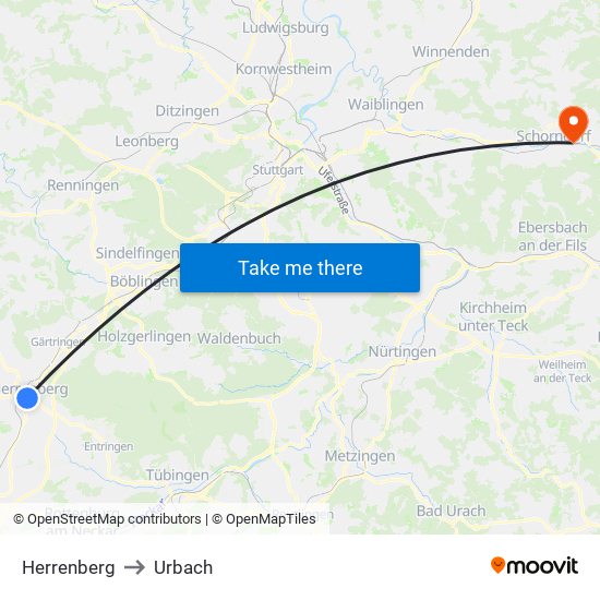Herrenberg to Urbach map