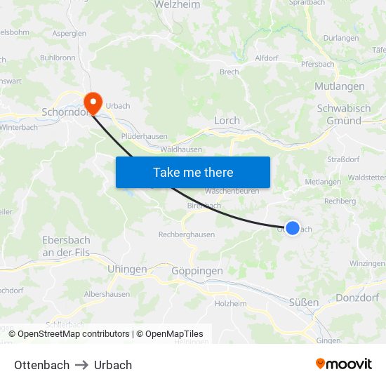 Ottenbach to Urbach map