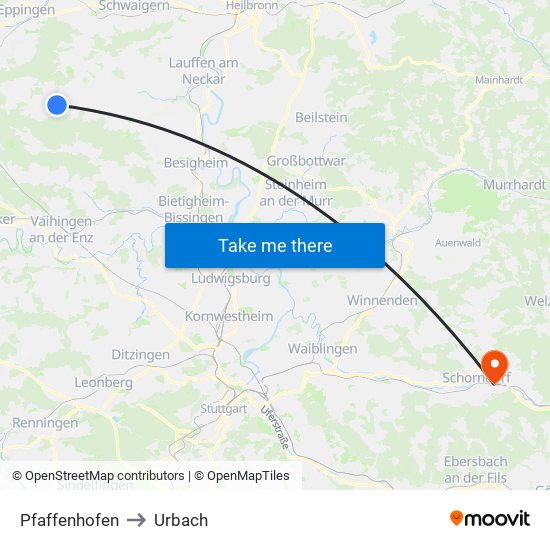Pfaffenhofen to Urbach map