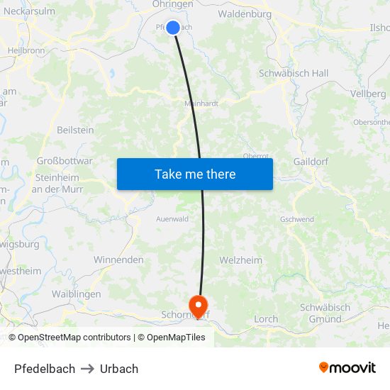 Pfedelbach to Urbach map