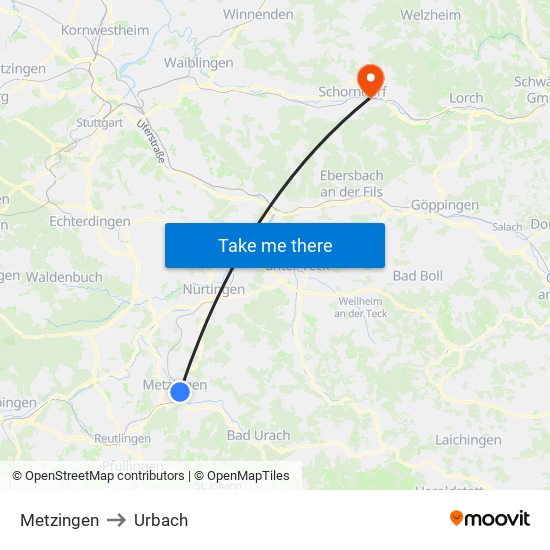Metzingen to Urbach map