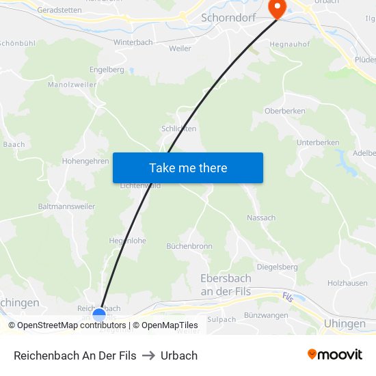 Reichenbach An Der Fils to Urbach map