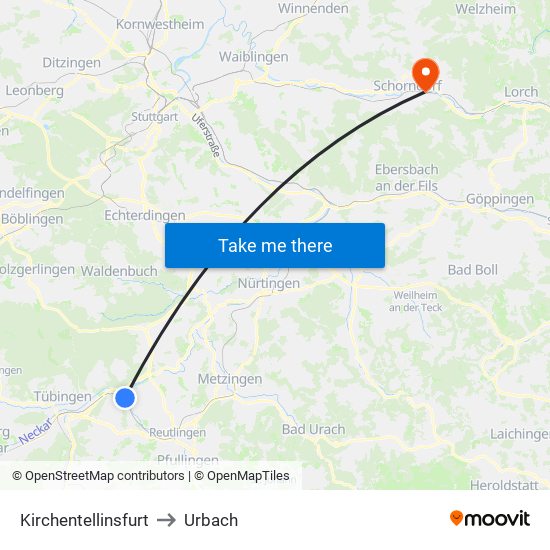 Kirchentellinsfurt to Urbach map