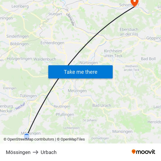 Mössingen to Urbach map