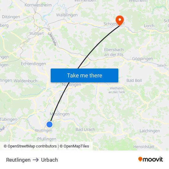 Reutlingen to Urbach map