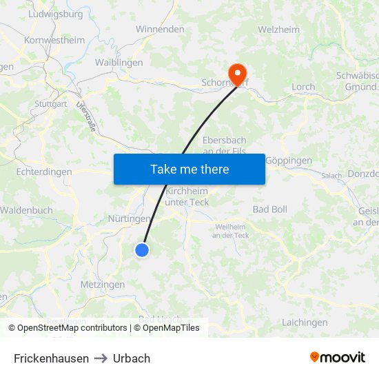 Frickenhausen to Urbach map