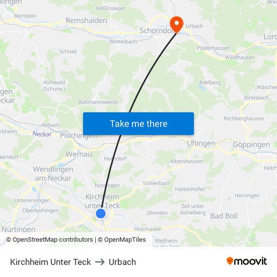 Kirchheim Unter Teck to Urbach map
