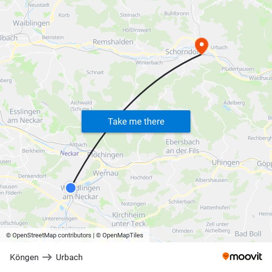Köngen to Urbach map