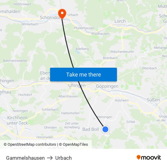 Gammelshausen to Urbach map