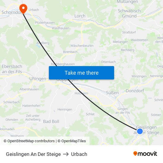 Geislingen An Der Steige to Urbach map