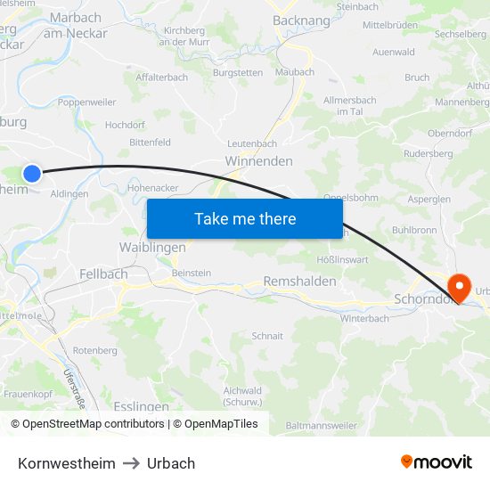 Kornwestheim to Urbach map