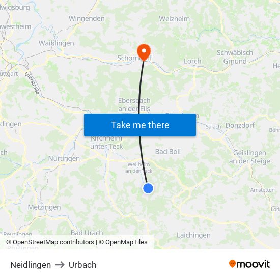 Neidlingen to Urbach map